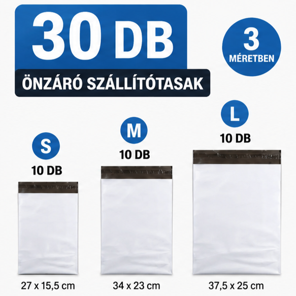 30db önzáró szállítótasak 3 méretben csomagfeladáshoz (kicsi, közepes és nagy méret vegyesen)